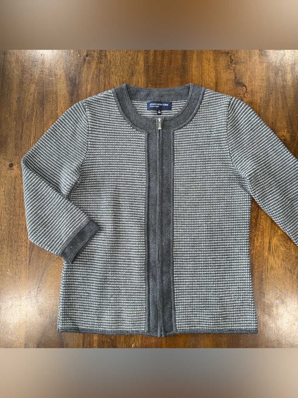 Jones New York Gray Full Zip Front Cardigan Sweater 3/4 Sleeve Small Knit Cotton